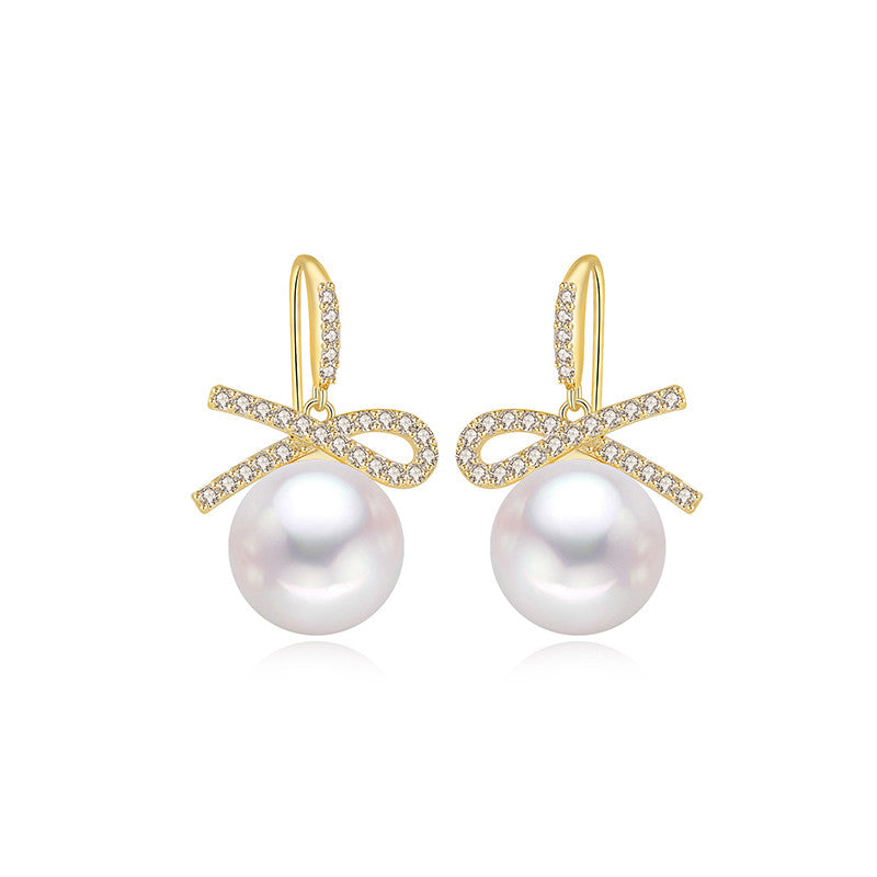 Bow zircon pearl earrings