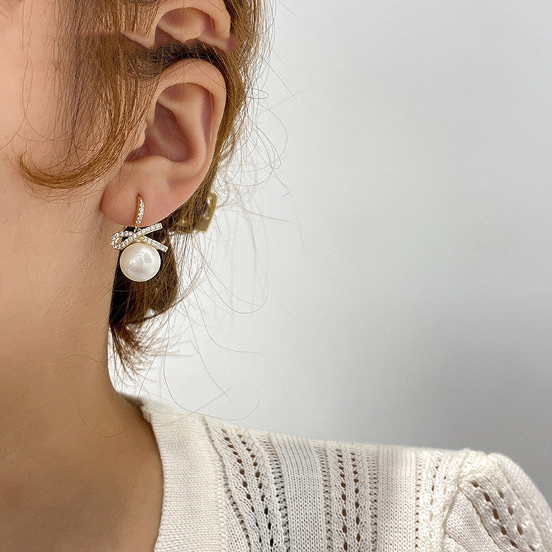 Bow zircon pearl earrings