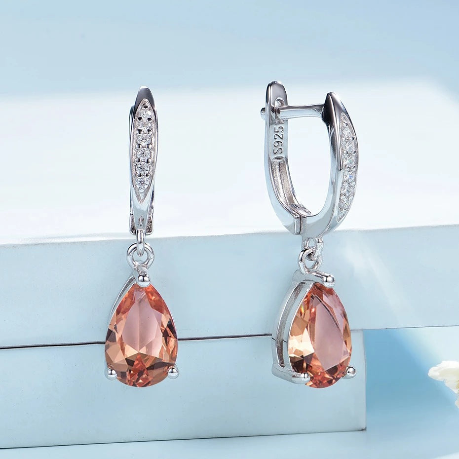 Women's Droplet Gemstone Sterling Silver Platinum Plated Earrings
