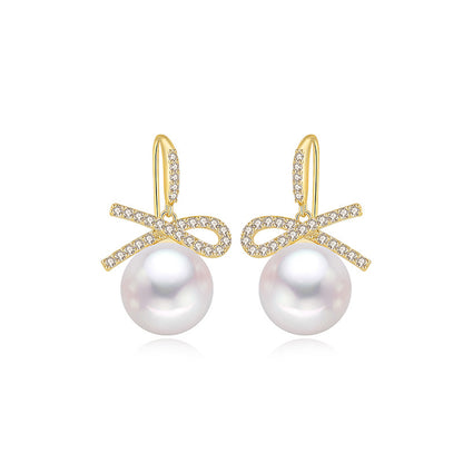 Bow zircon pearl earrings