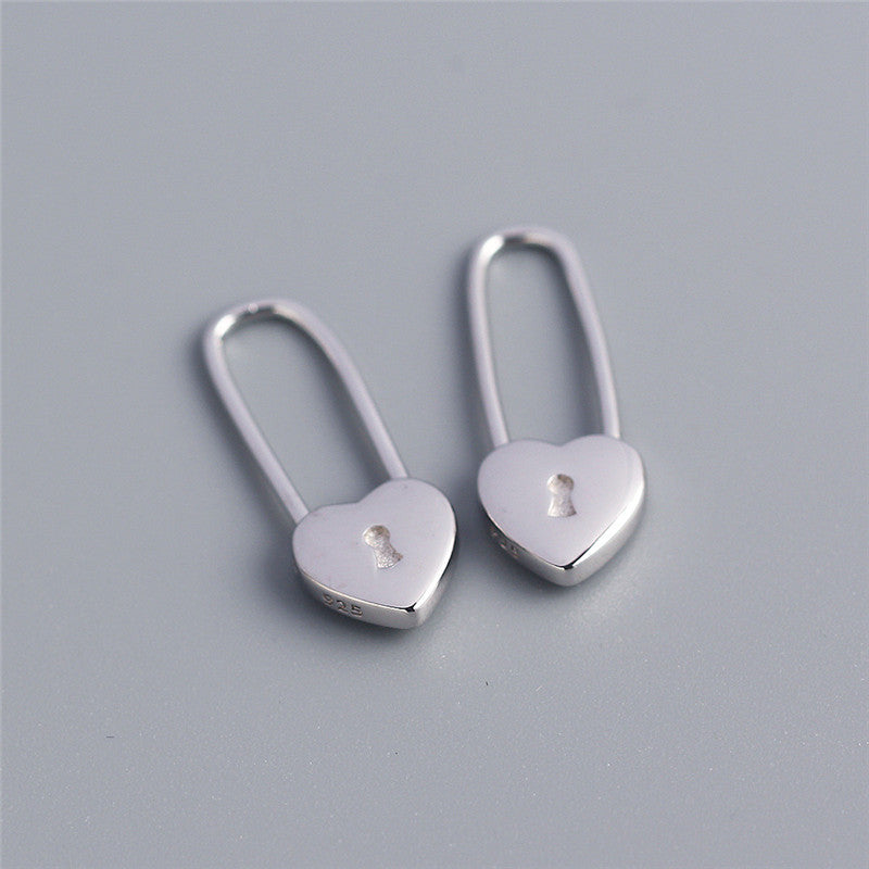 Heart-shaped Lock Long Ear Buckle Silver Earrings