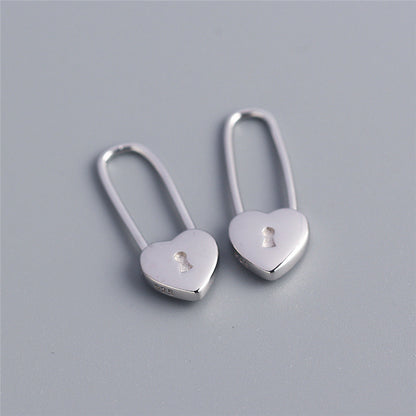 Heart-shaped Lock Long Ear Buckle Silver Earrings