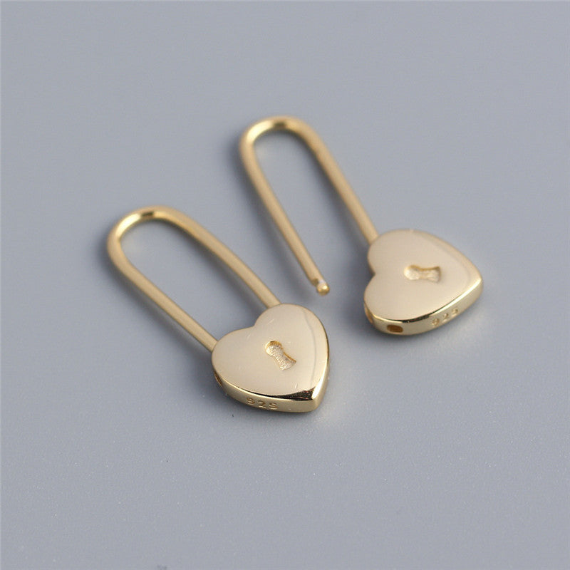 Heart-shaped Lock Long Ear Buckle Silver Earrings