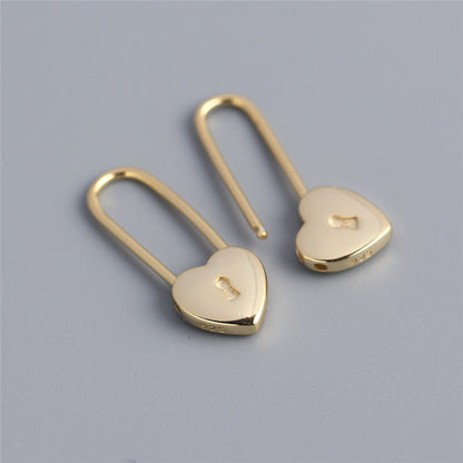 Heart-shaped Lock Long Ear Buckle Silver Earrings