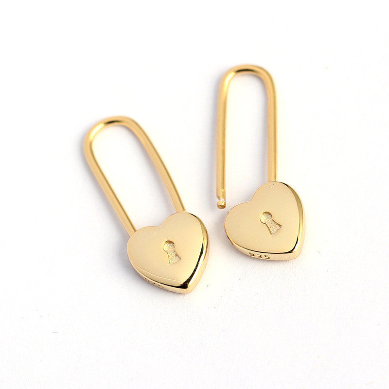 Heart-shaped Lock Long Ear Buckle Silver Earrings