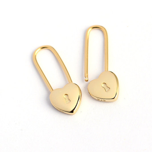Heart-shaped Lock Long Ear Buckle Silver Earrings