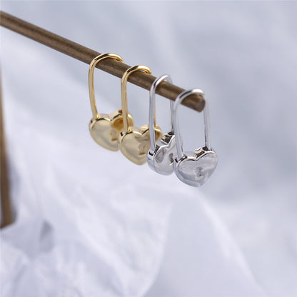 Heart-shaped Lock Long Ear Buckle Silver Earrings