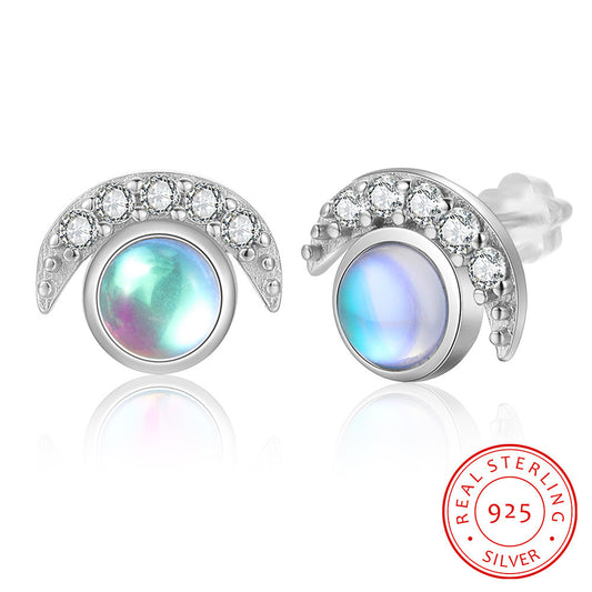 S925 Sterling Silver Moon Shaped Zircon Stud Earrings