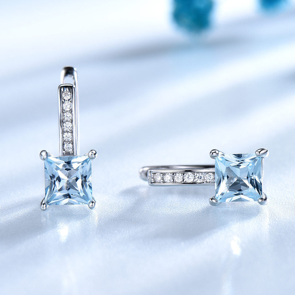 925 Silver Earrings Simple Square Sky Blue Topaz Earrings