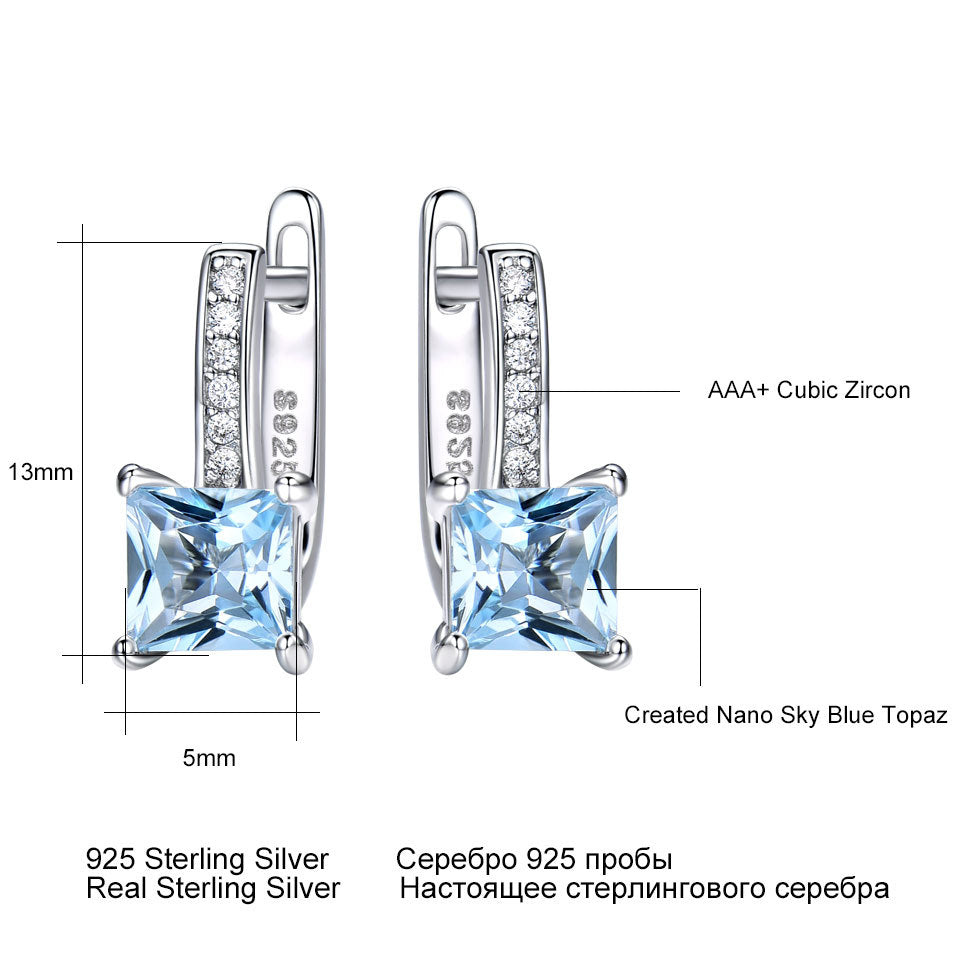 925 Silver Earrings Simple Square Sky Blue Topaz Earrings