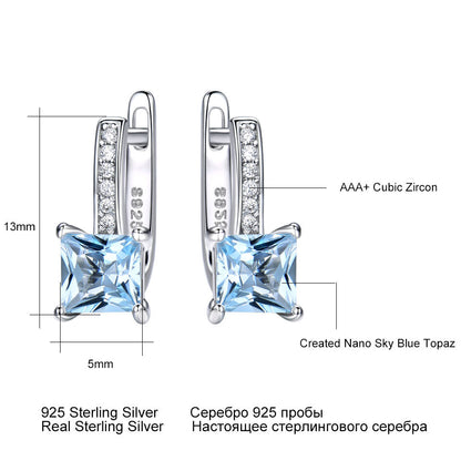 925 Silver Earrings Simple Square Sky Blue Topaz Earrings
