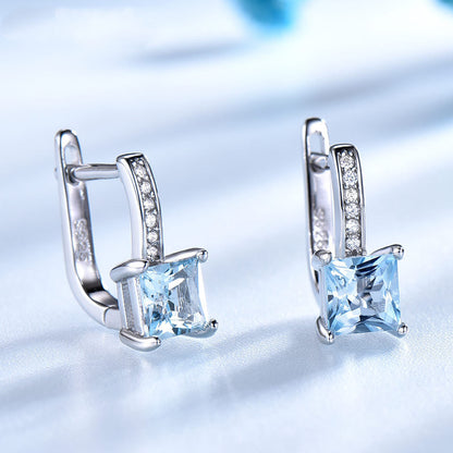 925 Silver Earrings Simple Square Sky Blue Topaz Earrings