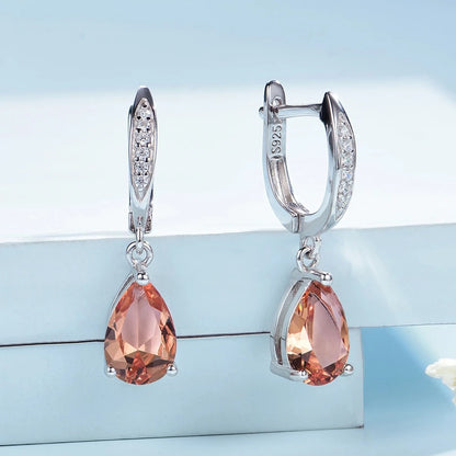 Women's Droplet Gemstone Sterling Silver Platinum Plated Earrings